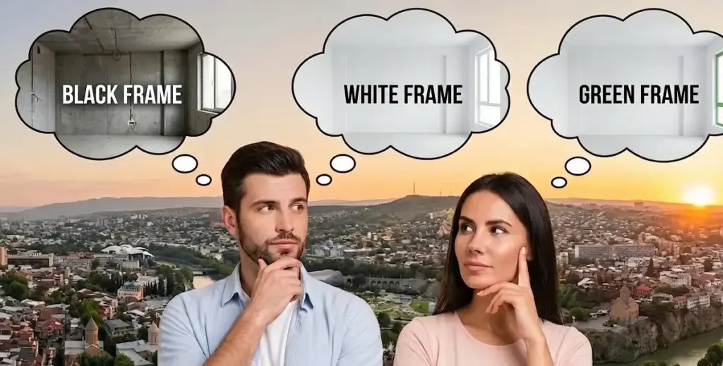 A man and a woman thinking about renovation options in Tbilisi, with thought bubbles showing Black Frame, White Frame, and Green Frame apartment conditions.