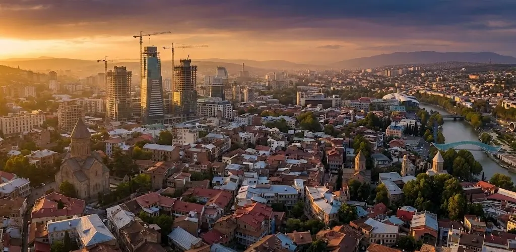 მშენებარე თბილისის პანორამული ხედი მზის ჩასვლისას, მრავალი სამშენებლო ამწითა და ახალი კორპუსებით